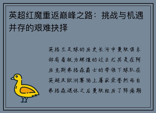 英超红魔重返巅峰之路：挑战与机遇并存的艰难抉择