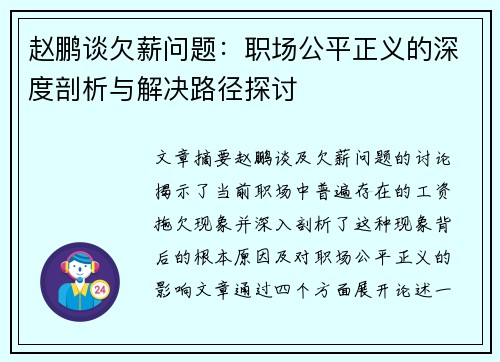 赵鹏谈欠薪问题：职场公平正义的深度剖析与解决路径探讨